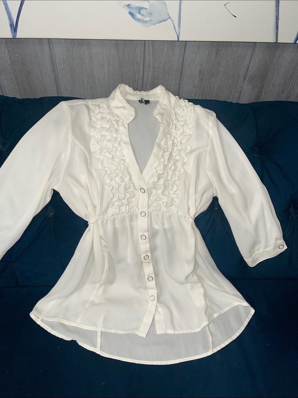 Women's Cream Ruffle-Front Button Blouse